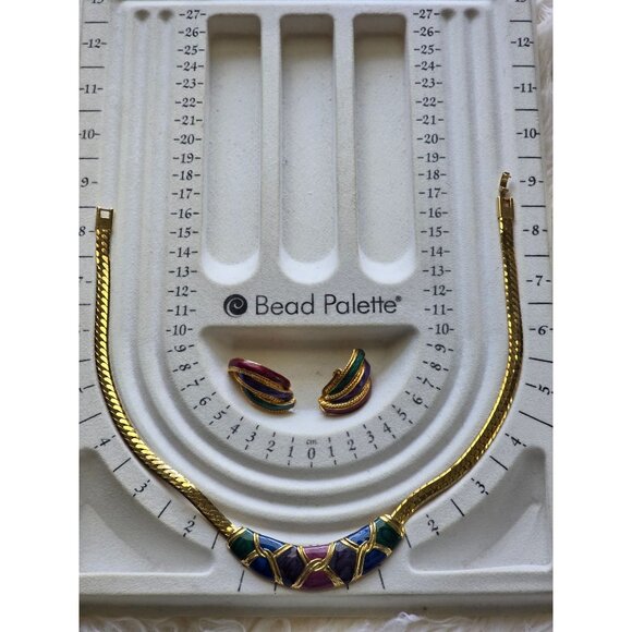 Vintage Gold-Tone Enamel Necklace & Clip-On Earrings Set '80 Era Like New 18" - Picture 8 of 12